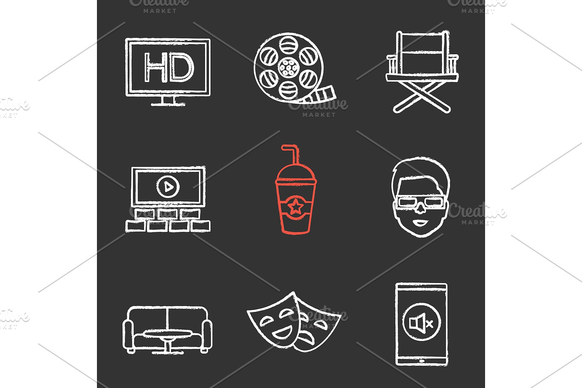 Cinema chalk icons set in Graphics - product preview 8