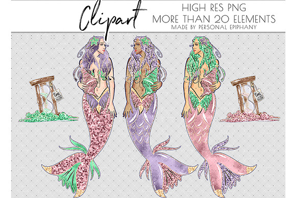 Mermaid clip arts, sea starfish harp in Illustrations - product preview 3