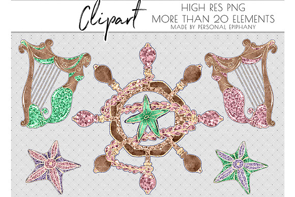 Mermaid clip arts, sea starfish harp in Illustrations - product preview 4