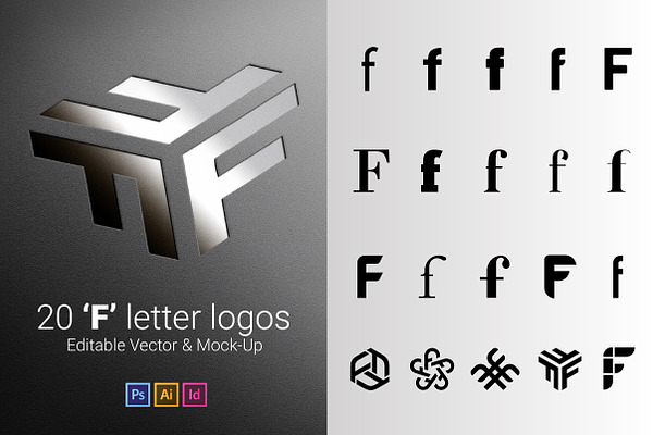 20 F Letter Logos - Vector & Mock-Up