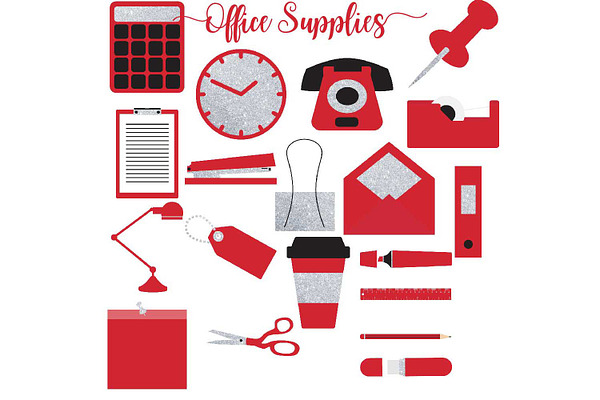 Red & Silver Glitter Office Supplies