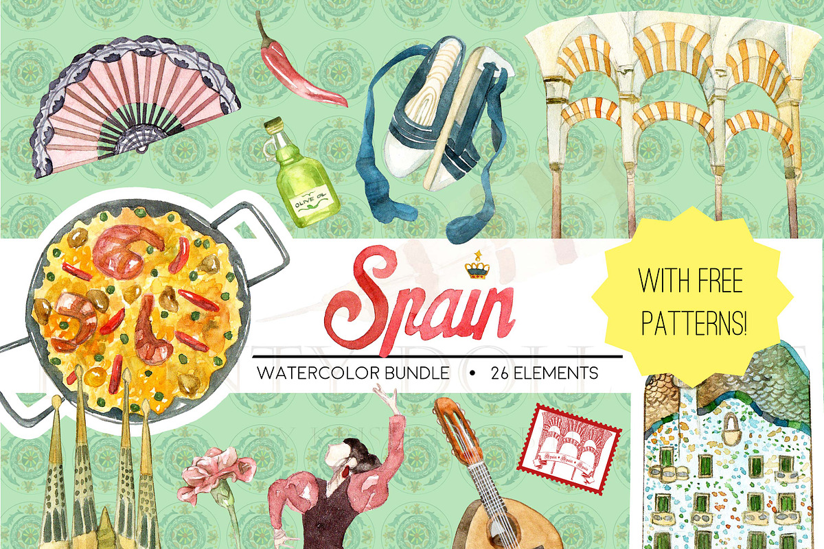 Spain Watercolor Clipart in Illustrations - product preview 8