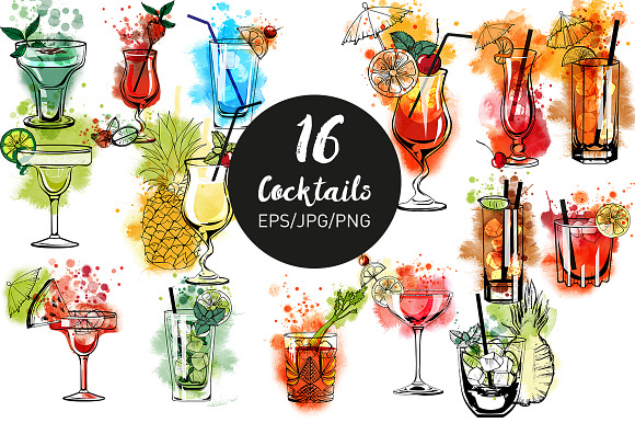 Cocktails watercolor & vector in Illustrations - product preview 1