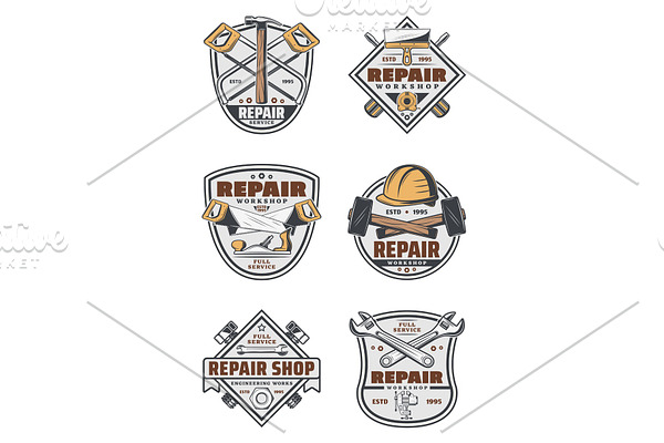 House repair service badges, tools