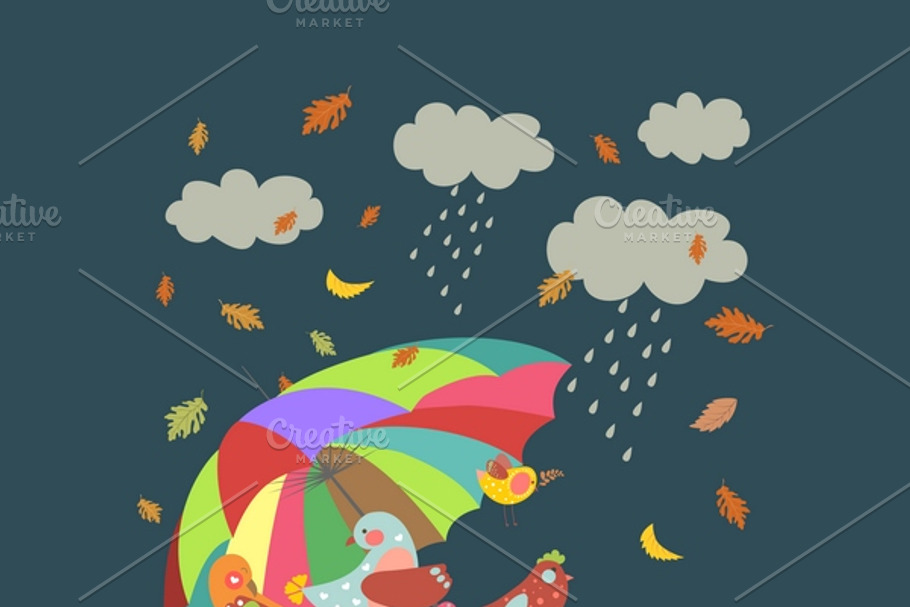 Colorful cute birds under umbrella in Illustrations - product preview 8