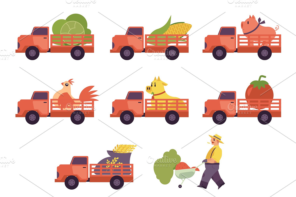 Flat farmer truck pickup delivering in Illustrations - product preview 8