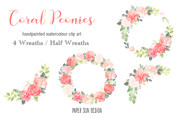 Coral Peonies Watercolor Clip Art in Illustrations - product preview 2