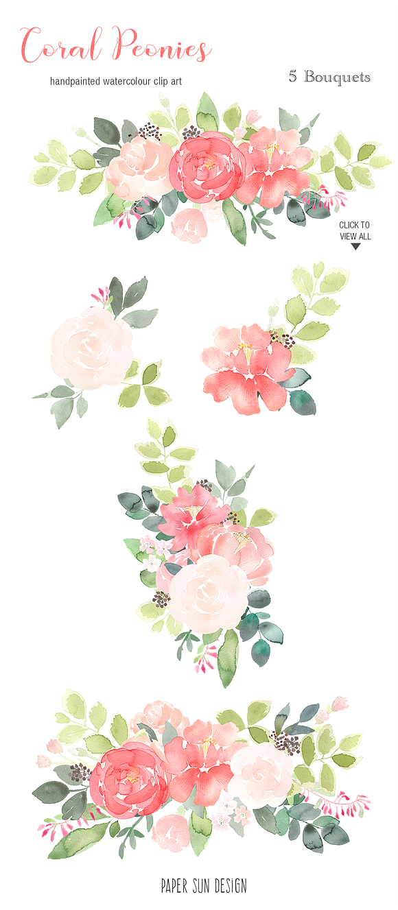 Coral Peonies Watercolor Clip Art in Illustrations - product preview 4