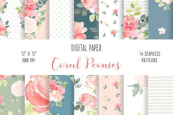Coral Peonies Watercolor Clip Art in Illustrations - product preview 5