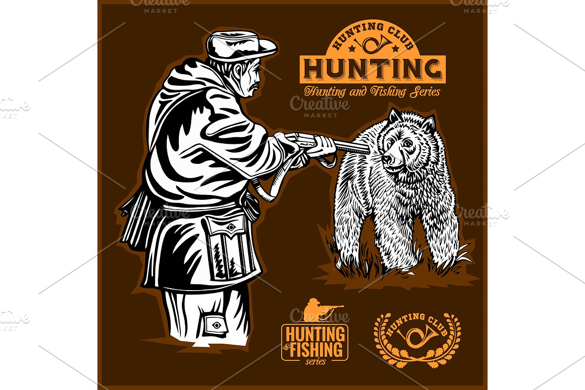 Bear hunting and monochrome labels in Illustrations - product preview 8