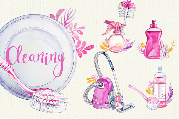 Watercolor Cleaning Clipart Set