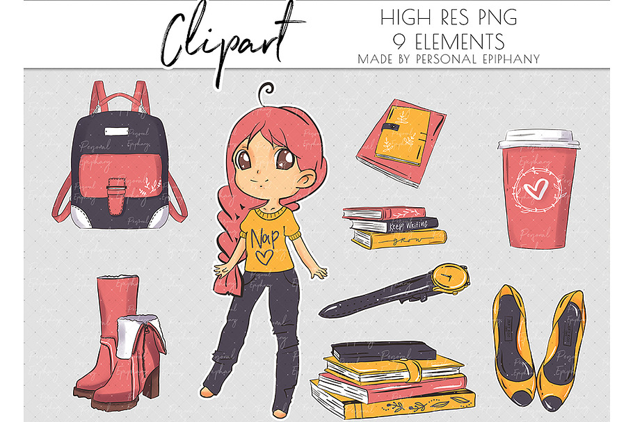Cute planner girl clip art, boots in Illustrations - product preview 8