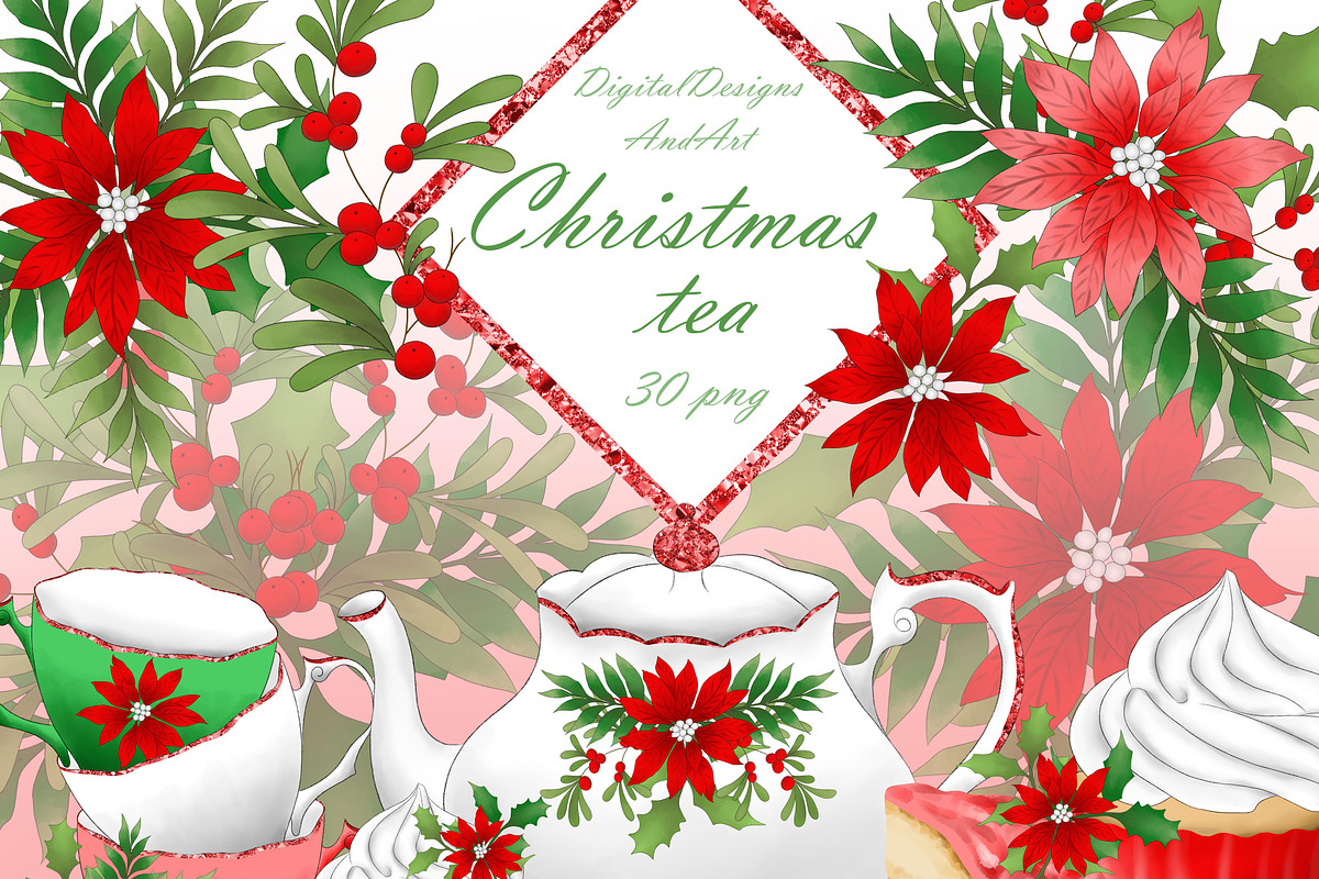 Christmas tea set clipart in Illustrations - product preview 8