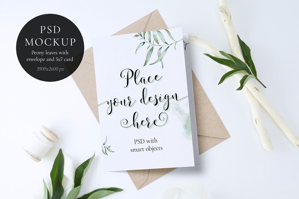 Peony leaves and 5x7 card Mockup in Print Mockups - product preview 8