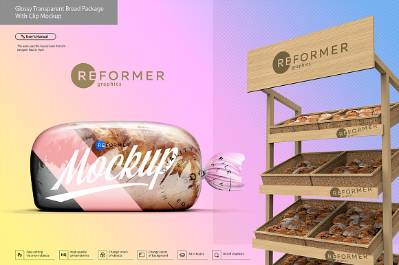 Glossy Transparent Bread Package  in Product Mockups - product preview 4