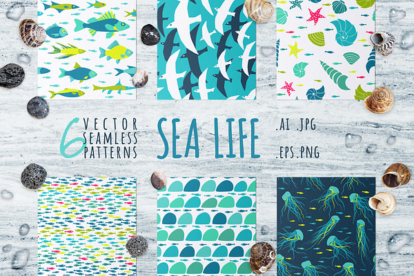 Sea Life, 6 seamless patterns