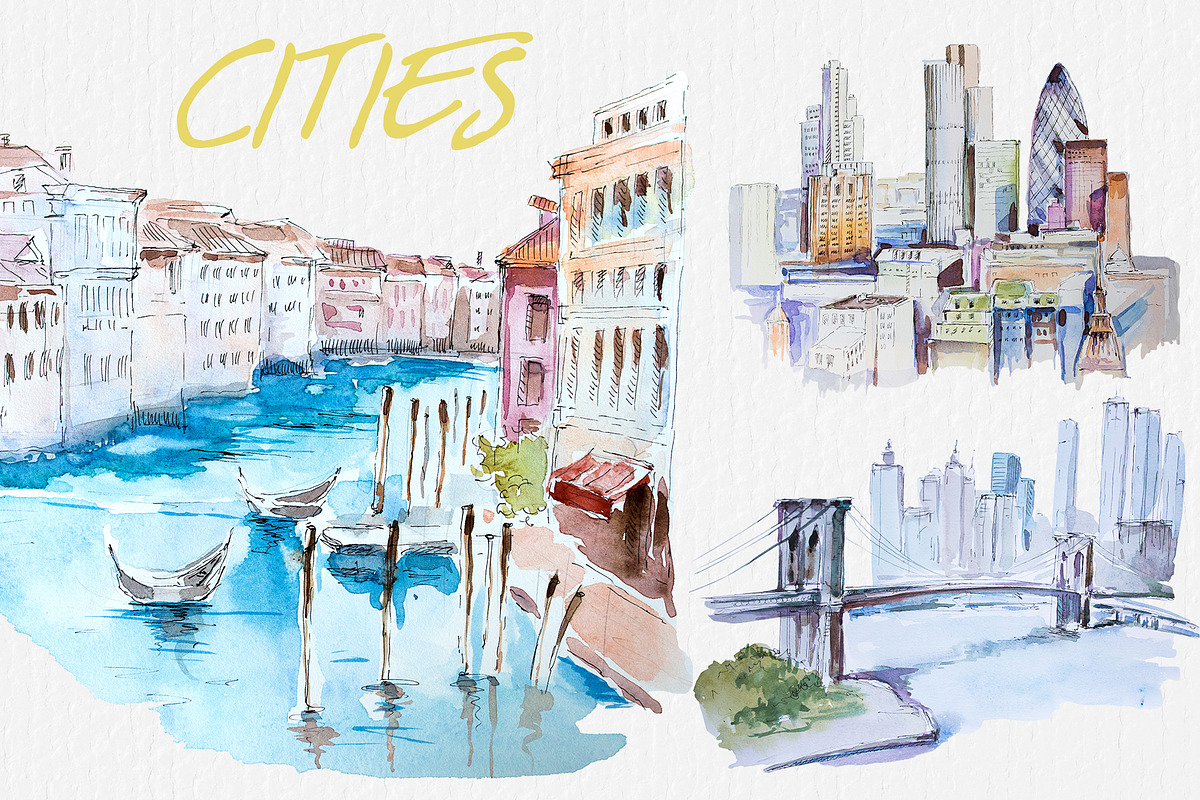 Watercolor Cities Clipart Set in Illustrations - product preview 8