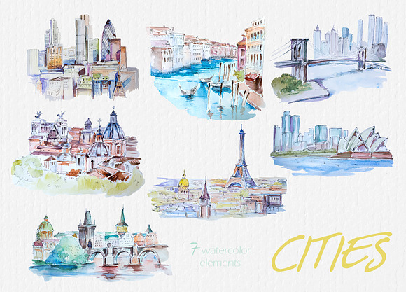 Watercolor Cities Clipart Set in Illustrations - product preview 1