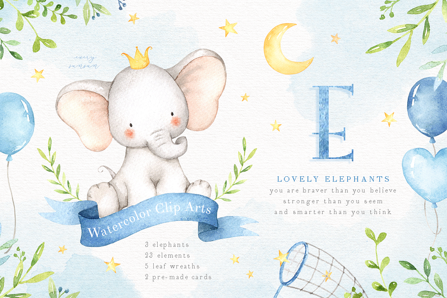 Lovely Elephants Watercolor Clip Art in Illustrations - product preview 8