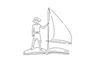 Boy floating on book with sail