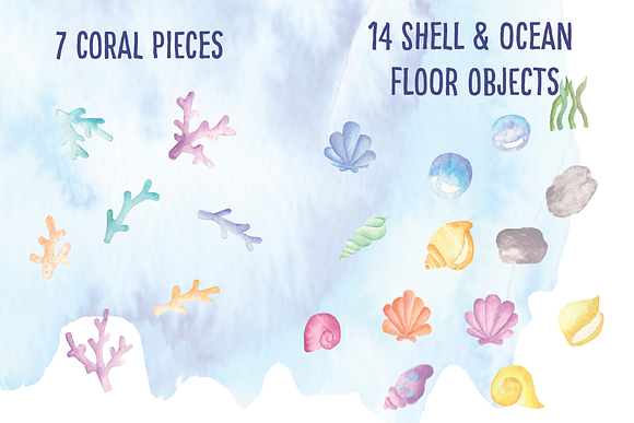 Watercolour sea creatures & elements in Illustrations - product preview 1