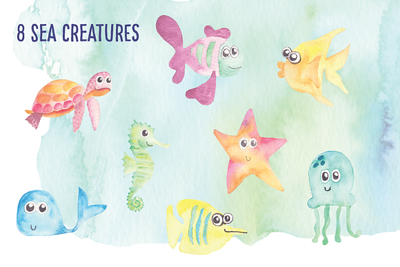 Watercolour sea creatures & elements in Illustrations - product preview 2