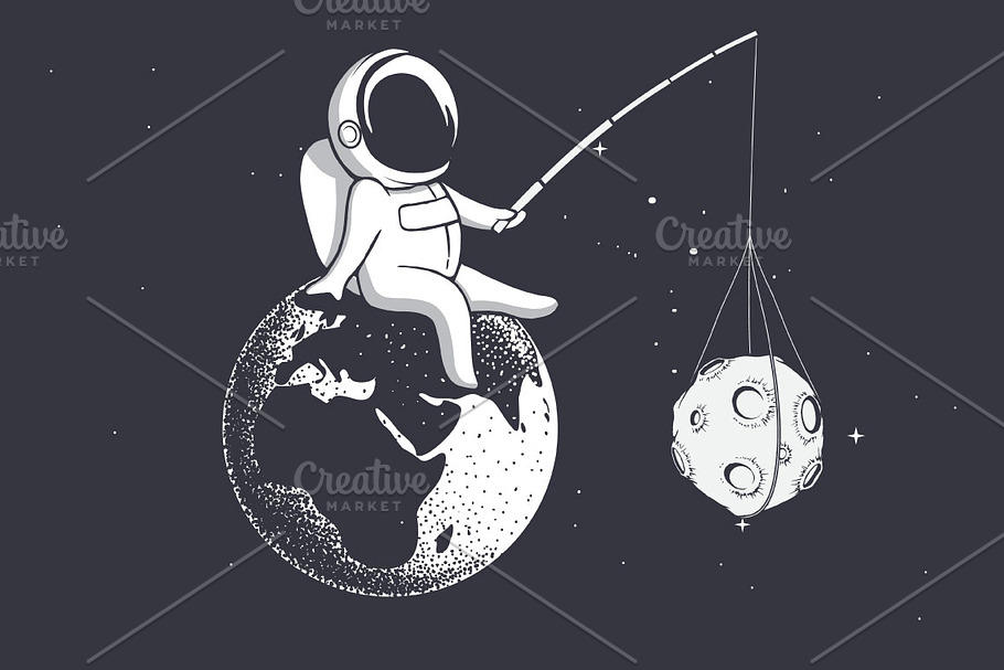 astronaut holds Moon with a stick in Illustrations - product preview 8
