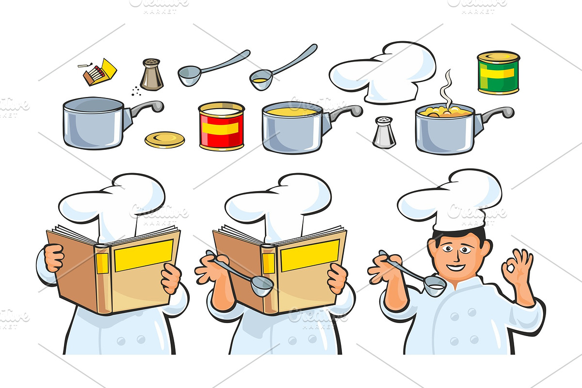 Chef preparing soup and reading in Illustrations - product preview 8