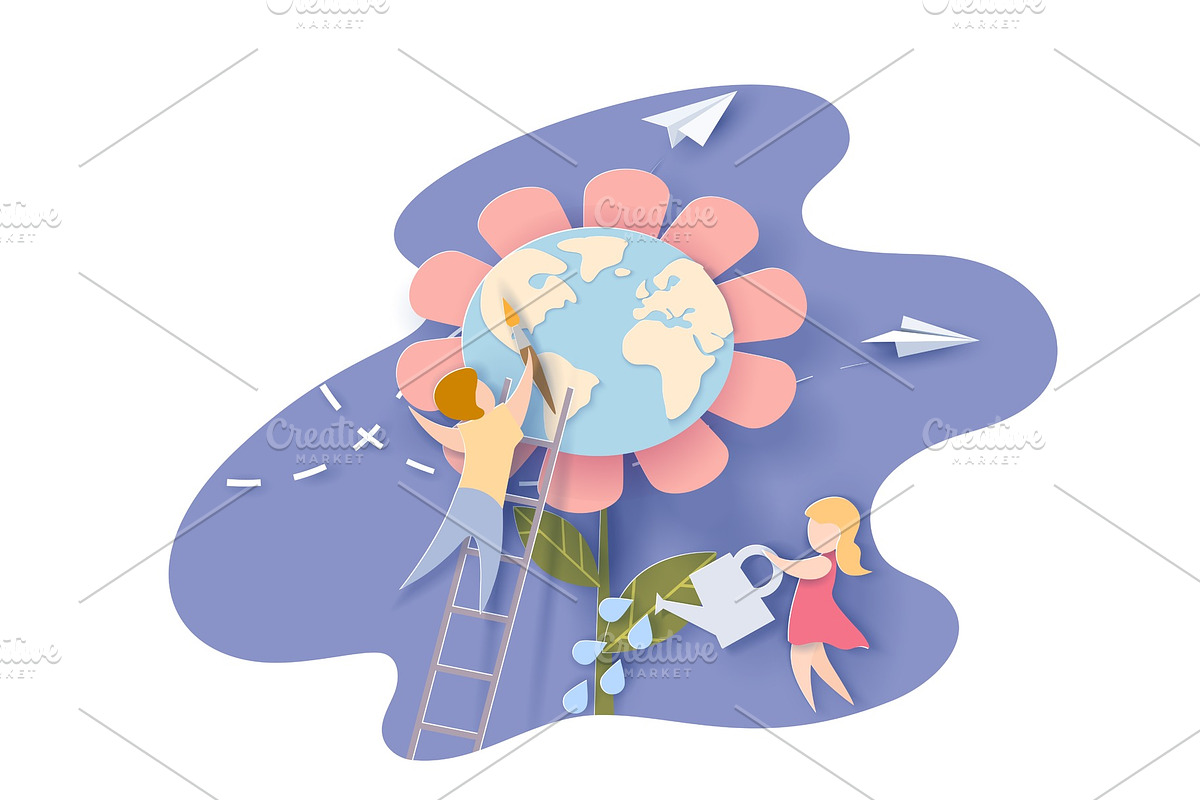 Children caring for the Earth flower in Illustrations - product preview 8