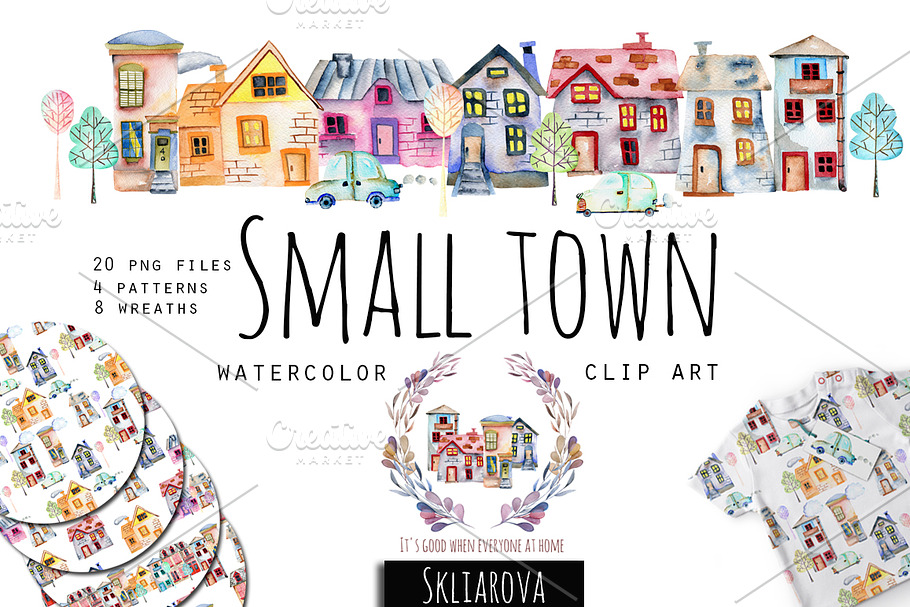 Small town. Watercolor clip art set. in Illustrations - product preview 8