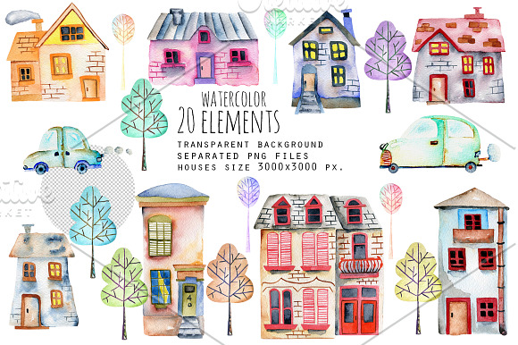 Small town. Watercolor clip art set. in Illustrations - product preview 1