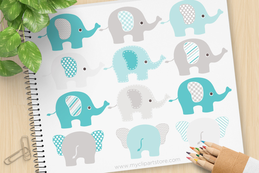 Blue and Grey Elephants Clipart, SVG