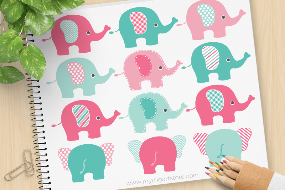 Pink and Blue Elephants Clipart, SVG