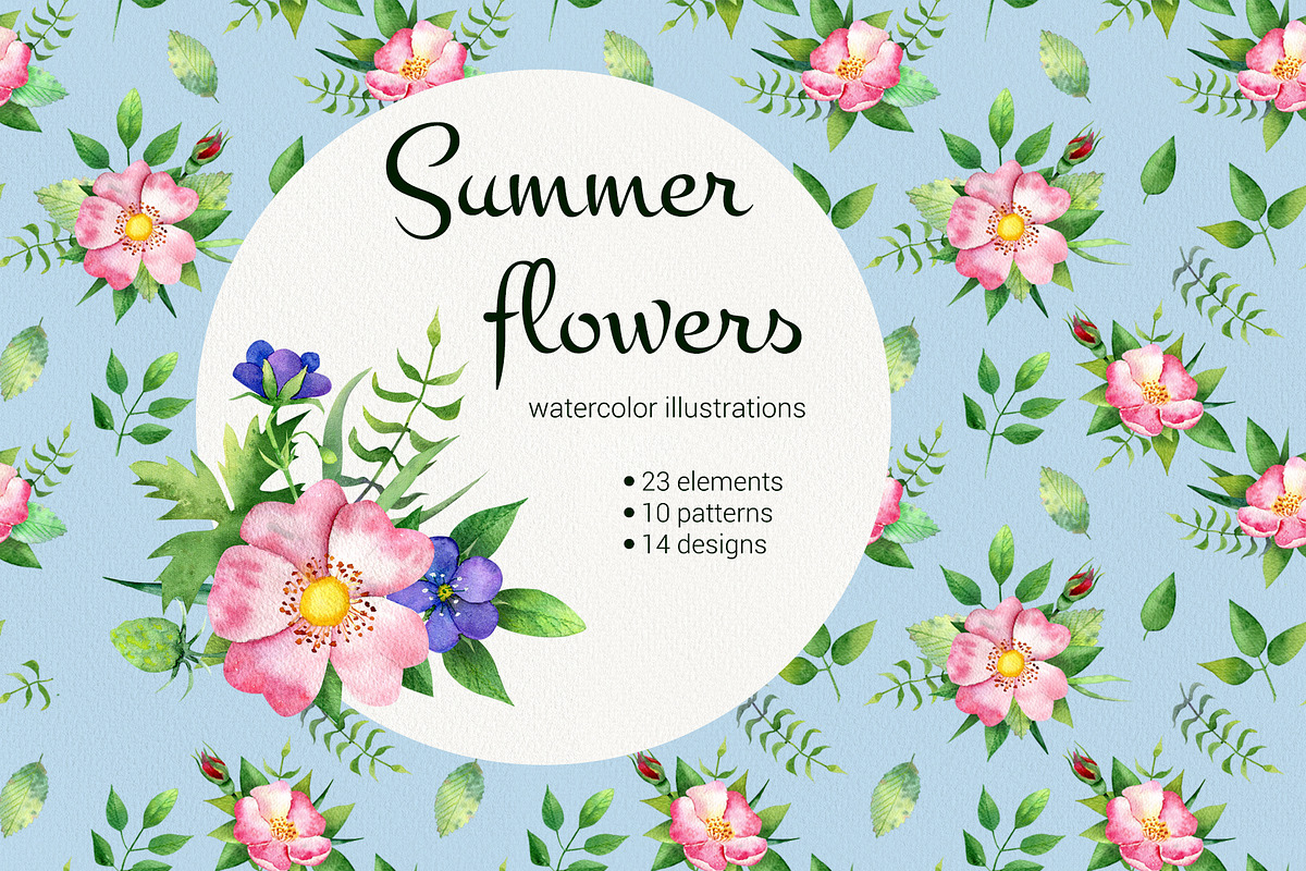 Summer flowers. Watercolor dog-rose in Illustrations - product preview 8