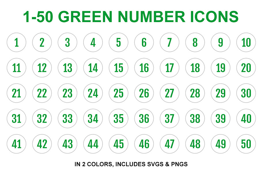Green Single Line Number Icons 1-50