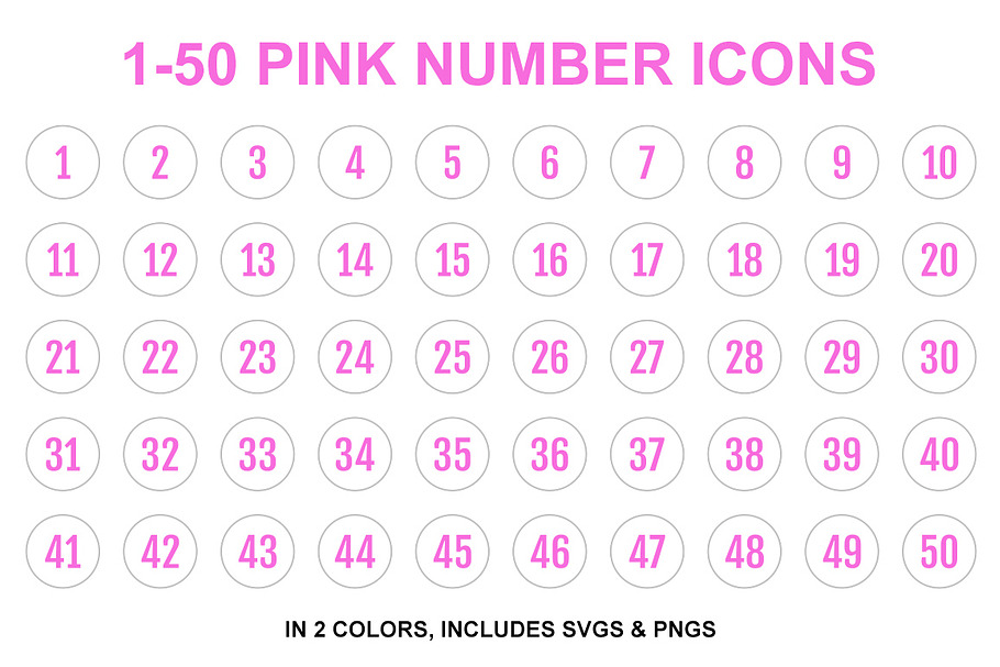 Pink Single Line Number Icons 1-50