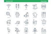 Set of linear icons for summer grill