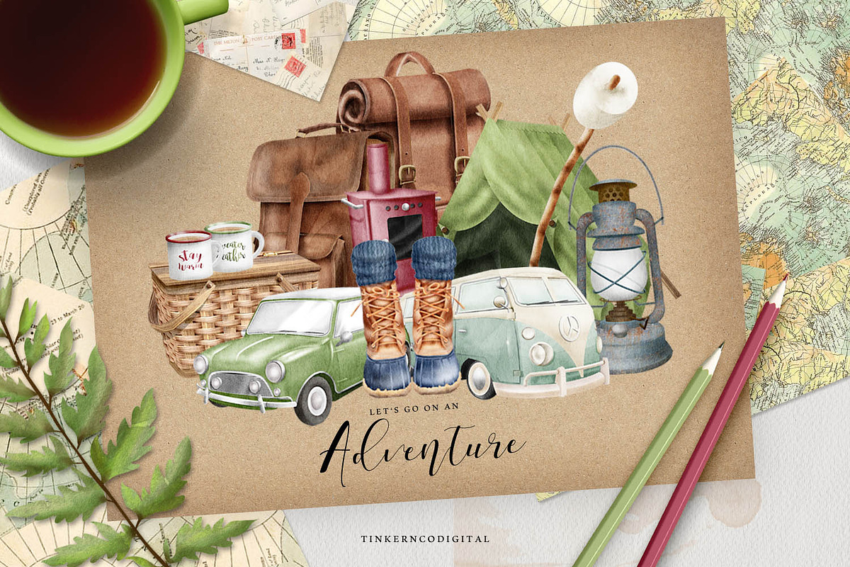 Camping Adventure Clipart and Papers in Illustrations - product preview 8