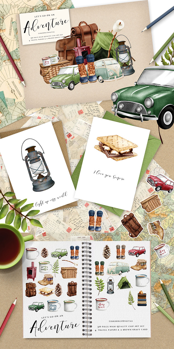 Camping Adventure Clipart and Papers in Illustrations - product preview 3