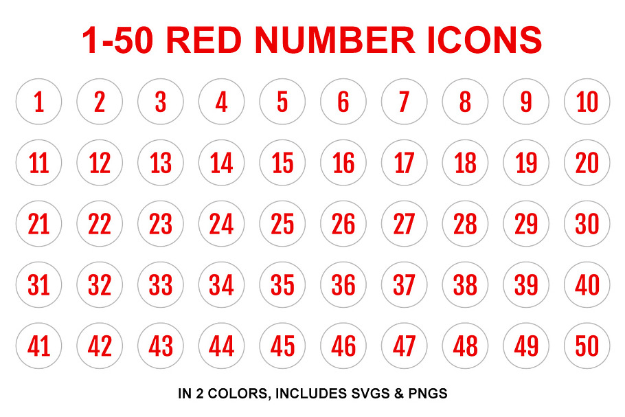 Red Single Line Number Icons 1-50
