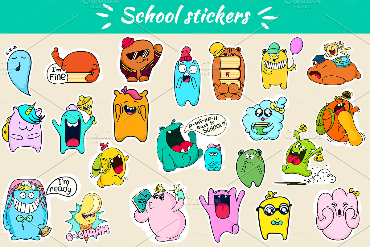 School stickers with funny monsters in Illustrations - product preview 8