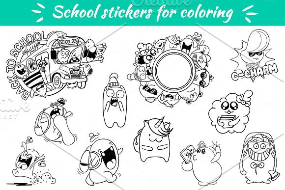School stickers with funny monsters in Illustrations - product preview 1
