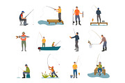 Fishers with Fishing Rod Set Vector