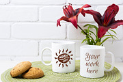 Two coffee mug mockup with red lily 
