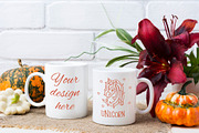 Two coffee mug mockup with pumpkins 