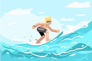 Surfer character ride surfboard