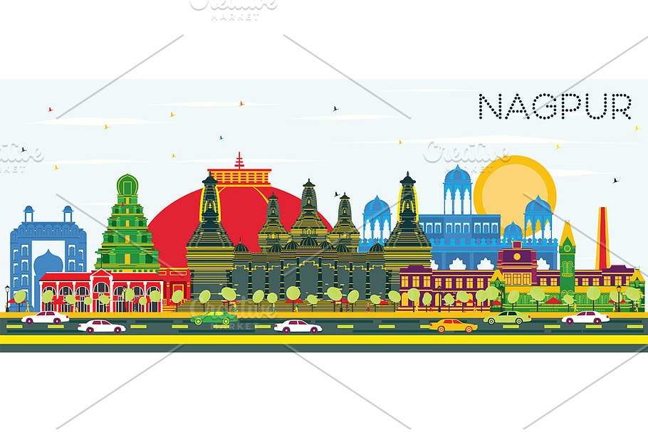 Nagpur India City Skyline with Color