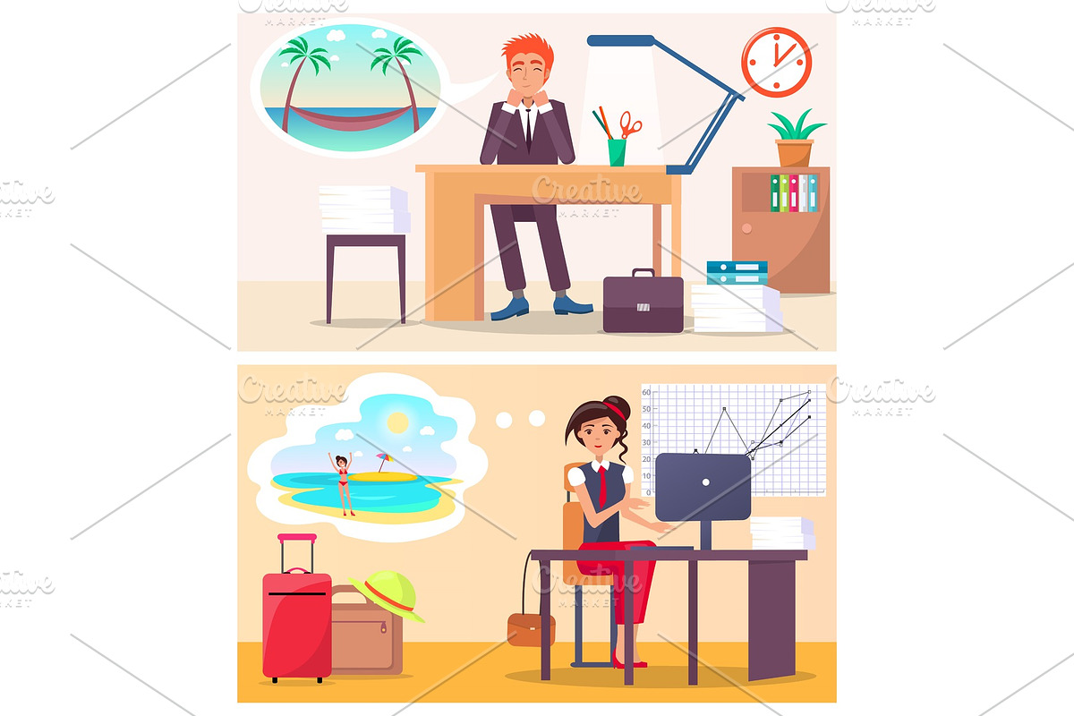 Office Workers Dream about Travel to in Illustrations - product preview 8