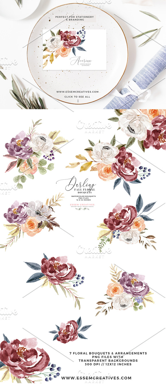 Watercolor Floral Clipart - Burgundy in Illustrations - product preview 2