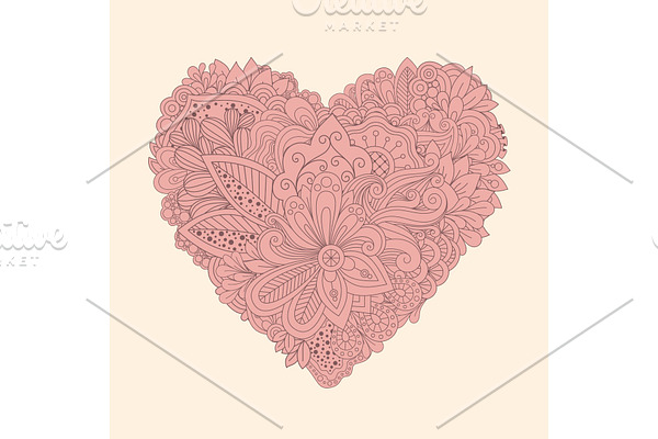 Doodle floral heart. Vintage